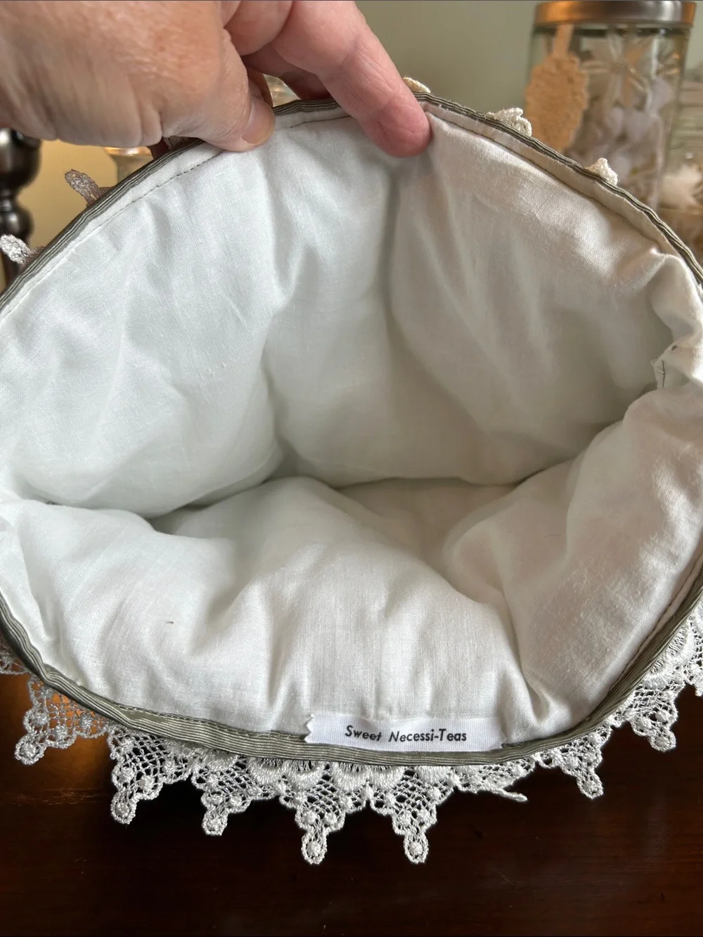 Tea pot cozy from Sweet Necessi Teas lace pearls satin bows roses formal.